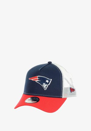 Baseball cap with a navy blue front and red visor. Mesh white back features an embroidered logo of a football team on the front.