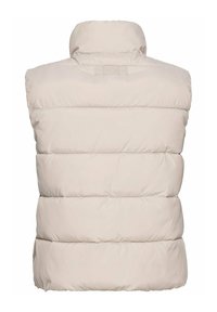 Veste sans manches matelassée beige avec col montant, coutures horizontales et isolation rembourrée, vue de dos.