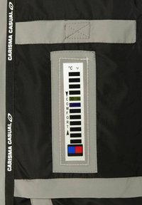 Tessuto nero con accenti grigi presenta un termometro con indicazioni in Celsius e Fahrenheit, etichettato "COMFORT", e un indicatore di colore.