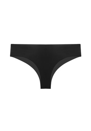 Czarne bezszwowe damskie majtki bikini z niskim stanem, wąskimi bokami i umiarkowanym kryciem.