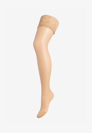 Beżowe pończochy sięgające do ud z misterną koronkową tasiemką na górze, gładka faktura i półprzezroczyste wykończenie.