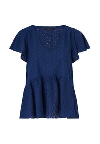 Marineblaue Bluse mit V-Ausschnitt, RüschenschMC und ausgestelltem Saum. Hergestellt aus strukturiertem Spitzenstoff mit floralem Muster und Durchbrüchen.