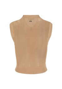 Top in maglina beige senza maniche con scollatura a polo, caratterizzato da una trama a rete aperta e orlo a coste. Etichetta visibile sul retro.
