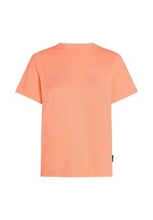 Lühikeste varrukatega T-särk heledas korallis, valmistatud pehmest puuvillast. Esineb väike valge logo üleval seljal ja sirge äär.