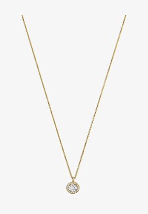 Gouden ketting met een ronde hanger met een heldere, sprankelende steen omringd door kleinere stenen in een cirkelvormige setting.