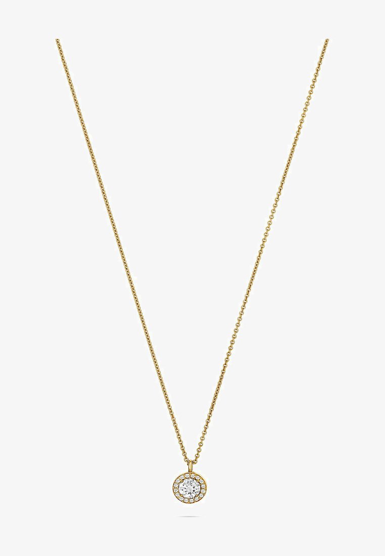 Gouden ketting met een ronde hanger met een heldere, sprankelende steen omringd door kleinere stenen in een cirkelvormige setting.