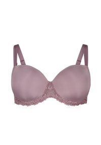 Reggiseno mauve con bordatura in pizzo, dotato di coppe lisce e imbottite e spalline regolabili. Presenta un'accenno di pizzo floreale al centro davanti e sulla fascia sottostante.