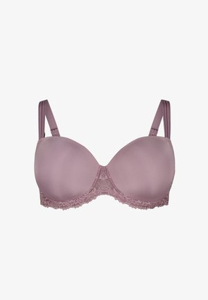 Soutien-gorge mauve avec dentelle, doté de bonnets lisses et rembourrés ainsi que de bretelles ajustables. Il présente un accent en dentelle florale au centre et sur le bandeau.