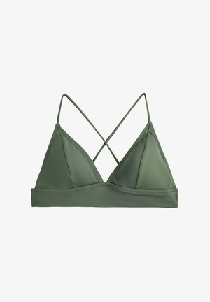 Grøn, trekantet bikini-top med tynde, krydsende stropper. Glat stof med en solid tekstur og et bånd under brystet for støtte.