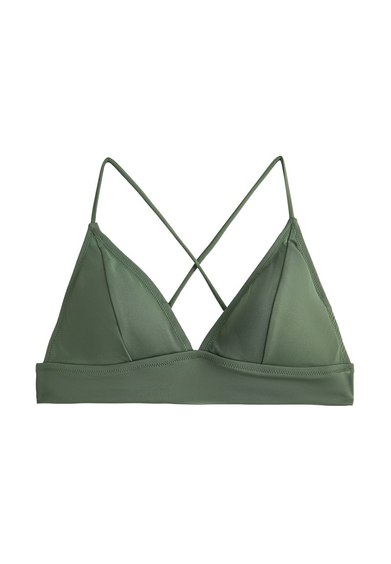 Grøn, trekantet bikini-top med tynde, krydsende stropper. Glat stof med en solid tekstur og et bånd under brystet for støtte.