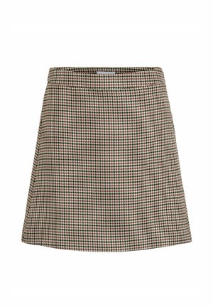 Smeđa suknja s uzorkom houndstooth, s uskim strukom i širokim rubom. Izrađena od teksturiranog tkanja, sadrži neutralne tonove kreme i crvenih naglasaka.