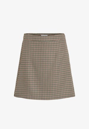 Smeđa suknja s uzorkom houndstooth, s uskim strukom i širokim rubom. Izrađena od teksturiranog tkanja, sadrži neutralne tonove kreme i crvenih naglasaka.