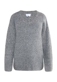 Pulover gri tricotat cu decolteu în formă de V, mâneci lungi și un model texturat cu nervuri. Material moale cu o croială lejeră și umeri căzuți.