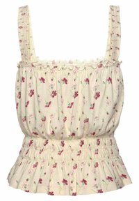 Kremowy top bez rękawów w kwiatowy wzór z marszczonym w pasie i falbaniastym dołem. Posiada cienkie ramiączka oraz małe różowe i zielone kwiatowe motywy.