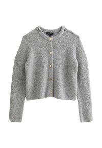 Graue, verkürzte Strickjacke aus weichem Material mit rundem Ausschnitt, langen Ärmeln und goldfarbenen Knöpfen vorne.