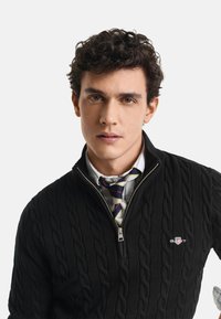 Black knitted sweater with cable pattern, zip-up collar, and logo. Worn over a white shirt with a blue and red striped tie.