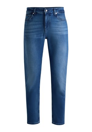 Niebieskie dżinsy z prostą nogawką, podwyższonym stanem, pięcioma kieszeniami i subtelnym wyblaknięciem. Gładka faktura, klasyczny krój.