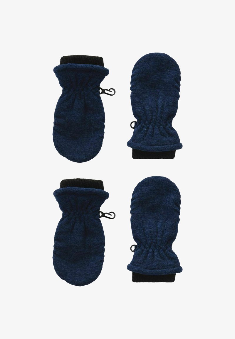 Námornícke flísové rukavice s čiernymi rebrovanými manžetami. Zbierajúci sa dizajn na zápästí, obsahujúci prechodku a slučku na pripnutie. Mäkká textúra.