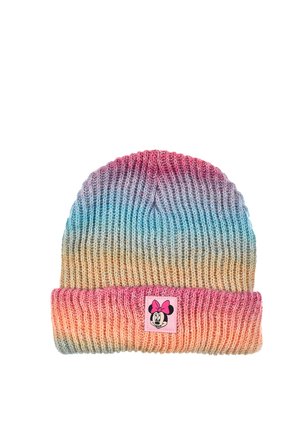 Knitted beanie with ribbed texture in rainbow colors and a patch of Minnie Mouse with a pink bow on the folded brim.