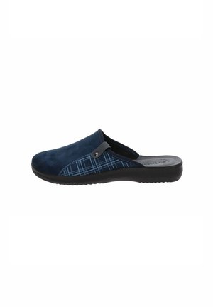 Zoccoli blu navy senza lacci con una morbida texture scamosciata e un motivo a quadri blu sui lati. Suola in gomma nera con battistrada minimale.