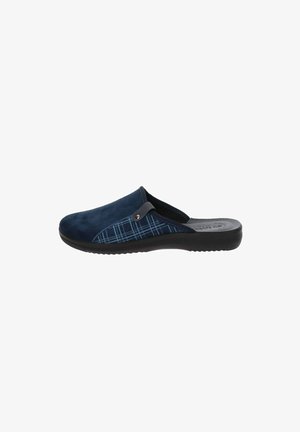 Zoccoli blu navy senza lacci con una morbida texture scamosciata e un motivo a quadri blu sui lati. Suola in gomma nera con battistrada minimale.