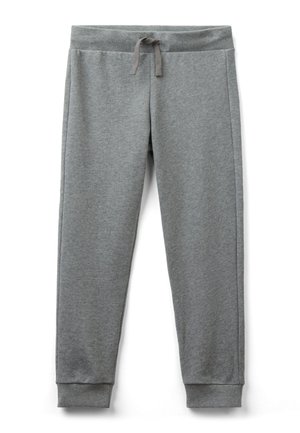 Graue Jogginghose mit geripptem Bund, Kordelzug, Seitentaschen und gerippten Bündchen an den Knöcheln. Hergestellt aus weichem, strukturiertem Stoff.