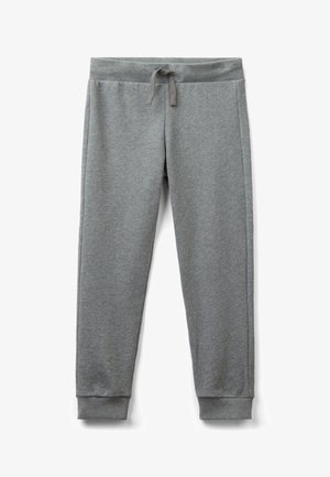 Graue Jogginghose mit geripptem Bund, Kordelzug, Seitentaschen und gerippten Bündchen an den Knöcheln. Hergestellt aus weichem, strukturiertem Stoff.