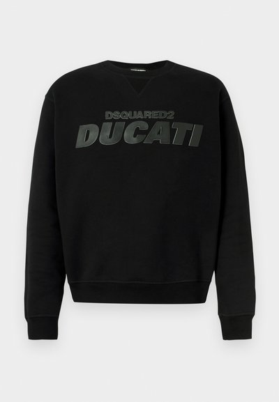 Zwarte sweatshirt van katoen, met een ronde hals, ribgebreide manchetten en een groot reliëflogo "DSQUARED2 DUCATI" op de voorkant.