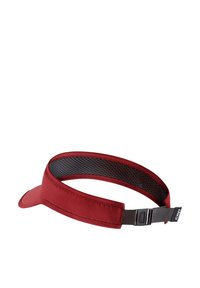 Red visor cap with a structured, curved brim; textured mesh band interior; adjustable strap with metallic buckle; lightweight design.