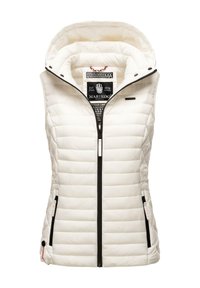 Vitt vadderat väst med huva, med en frontdragkedja, svarta detaljer och två sidofickor. Insidan har en texturerad foder.