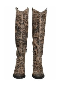 Knee-high kozaki w desen leopardzi, wykonane z miękkiego zamszu, o zwężającym się kroju. Posiadają boczne zamki błyskawiczne i solidny czarny obcas. Teksturowany wzór zwierzęcy.