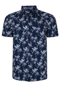 Camicia maniche corte blu navy con stampa di palme bianche, chiusura con bottoni e taschino sul petto. Realizzata in tessuto leggero.