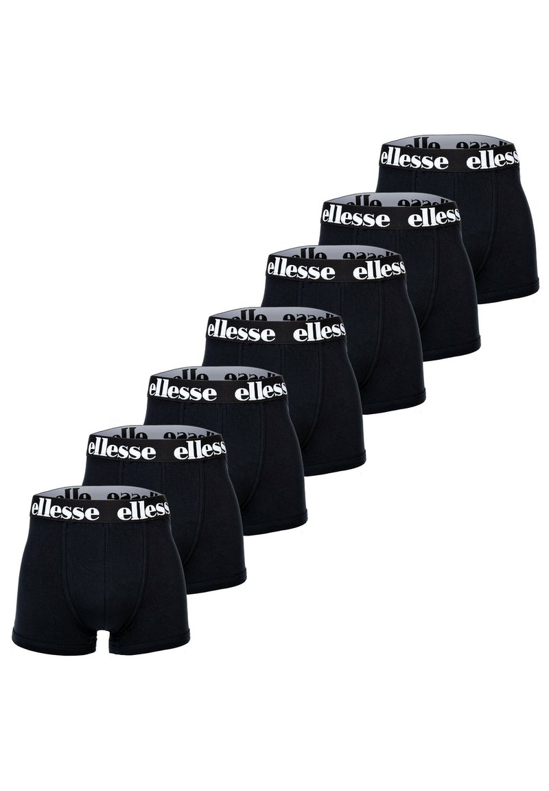 Schwarze Baumwoll-Boxershorts mit einem breiten, elastischen Bund, auf dem das "ellesse"-Logo in Weiß zu sehen ist, in einer Reihe von sieben abgebildet.