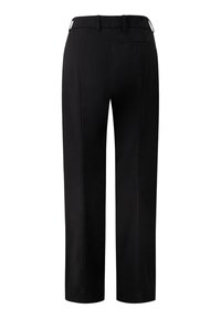 Pantalons noirs ajustés avec une coupe droite, présentant une texture lisse, des passants de ceinture et une poche arrière unique.