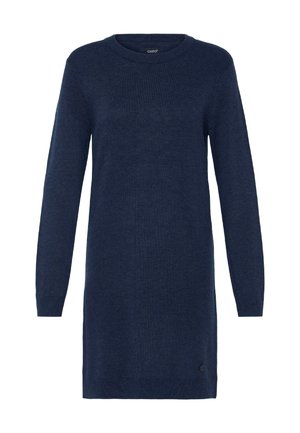 Sötétkék kötött ruha hosszú ujjal, kerek nyakkivágással és laza fazonnal. A hemnél márkázott logó található. Puha tapintású.