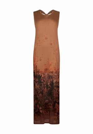 Robe marron sans manches, longueur au sol, avec un motif floral plus foncé en bas et un détail noué en forme de trou de serrure au niveau du décolleté.