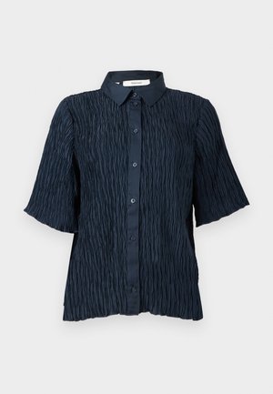 Camicia blu navy a maniche corte con superficie testurizzata e stropicciata, dotata di chiusura con bottoni e colletto classico.