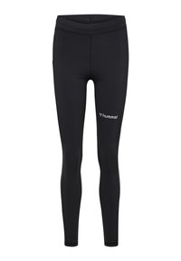 Sorte atletikleggings med tæt pasform, glat tekstur og logodetalje nær hoften; fremstillet af strækbart, åndbart materiale.