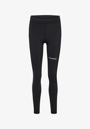 Svarta atletiska leggings med en åtsittande design, mjuk textur och logodetalj nära höften; tillverkade av stretchigt, andningsbart tyg.