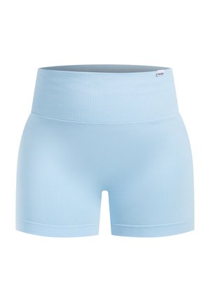 Lysblå sportsbukser lavet af strækbart stof, der har en bred ribbet talje og en glat tekstur uden synlige mønstre eller accenter.