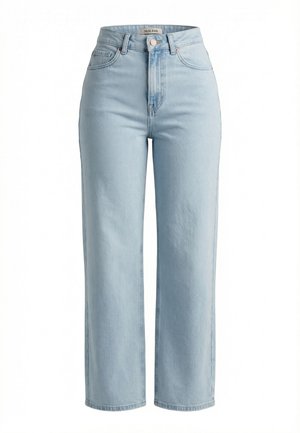 Jeans azul claro de talle alto y pierna recta con botón frontal, cierre de cremallera y bolsillos delanteros y traseros sobre un fondo blanco.