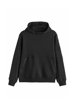 Hanorac negru cu glugă, dotat cu buzunare frontale cu fermoar, mansete elastice și un finisaj texturat. Design minimalist cu o croială lejeră.