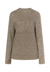 Pulover tricotat maro, cu mâneci lungi și decolteu rotund. Textilele sunt moi și groase, având un model subtil melanj.