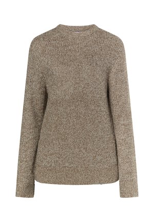 Ruskea neulepaita, jossa on pitkät hihat ja pyöreä pääntie. Kankaan rakenne on pehmeä ja paksu, jossa on hienovarainen meleerattu kuvio.