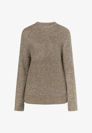 Barna kötött pulóver hosszú ujjakkal és kerek nyakkivágással. Az anyag textúrája puha és vastag, finom heather hatással.