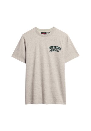 Gray cotton t-shirt with short sleeves, a crew neck, and "SUPERDRY Athletics" embroidered in dark green on the left chest area.