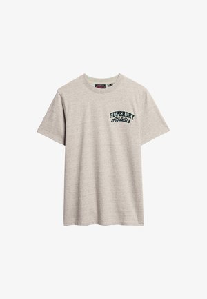 Gray cotton t-shirt with short sleeves, a crew neck, and "SUPERDRY Athletics" embroidered in dark green on the left chest area.