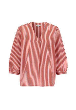 Bluzka w pionowe paski w kolorze rdzy i bieli, z dekoltem w serek i trójkątnymi bufkami na trzy czwarte rękawa, wykonana z lekkiego materiału.
