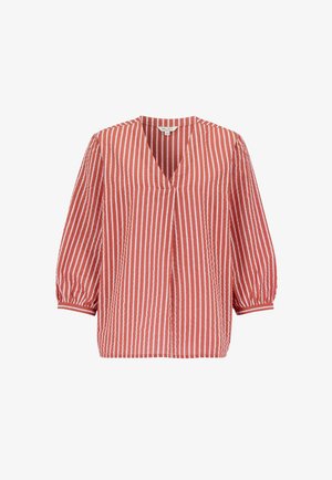 Bluse mit rostfarbenen und weißen vertikalen Streifen, V-Ausschnitt und dreiviertel Puffärmeln, aus leichtem Stoff.