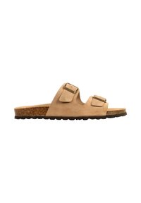 Sandale mule en daim marron clair avec deux brides réglables à boucle et une semelle intérieure en liège sur une semelle noire rainurée.